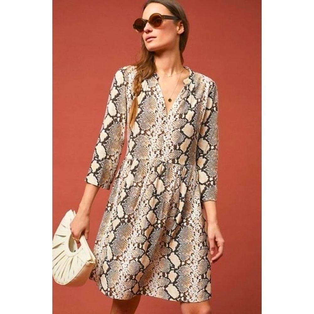 Anthropologie Maeve Juno Beige Snake Print Shift Dress
